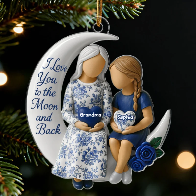 3D Effect Toile De Jouy Pattern Grandma Grandkid On Moon - Personalized Acrylic Ornament - Gift For Granddaughter - Image 8
