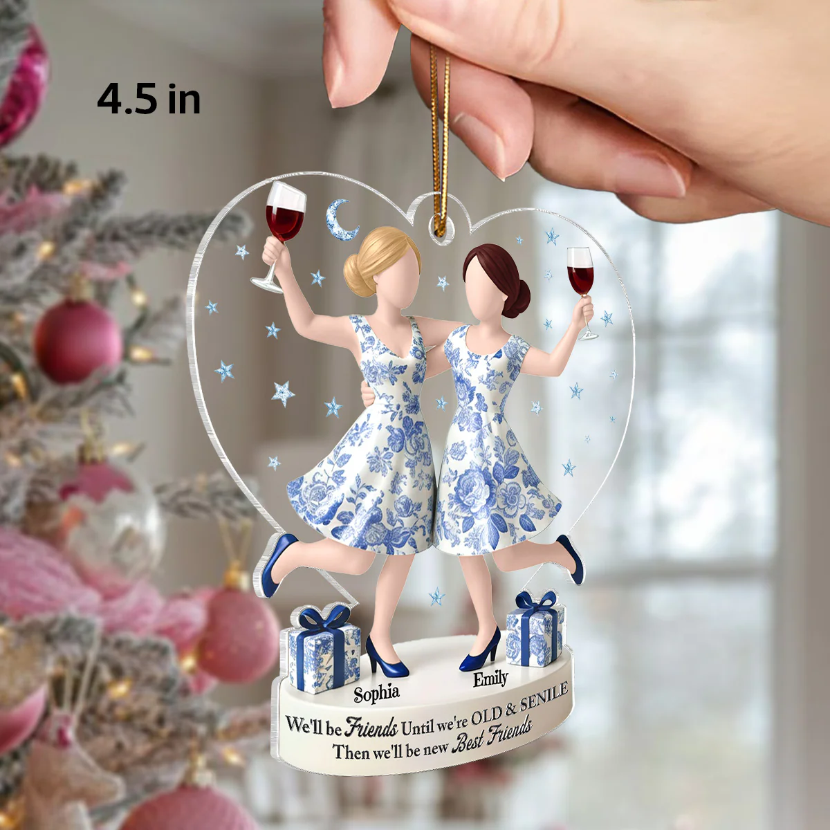 3D Effect Toile De Jouy Pattern We'll Friends Until Old & Senile - Personalized Acrylic Ornament - Gift For Besties, Best Friends - Image 2