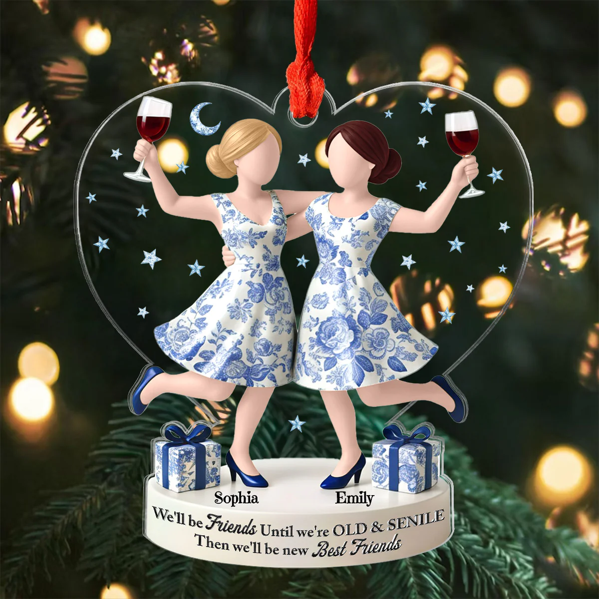 3D Effect Toile De Jouy Pattern We'll Friends Until Old & Senile - Personalized Acrylic Ornament - Gift For Besties, Best Friends - Image 3