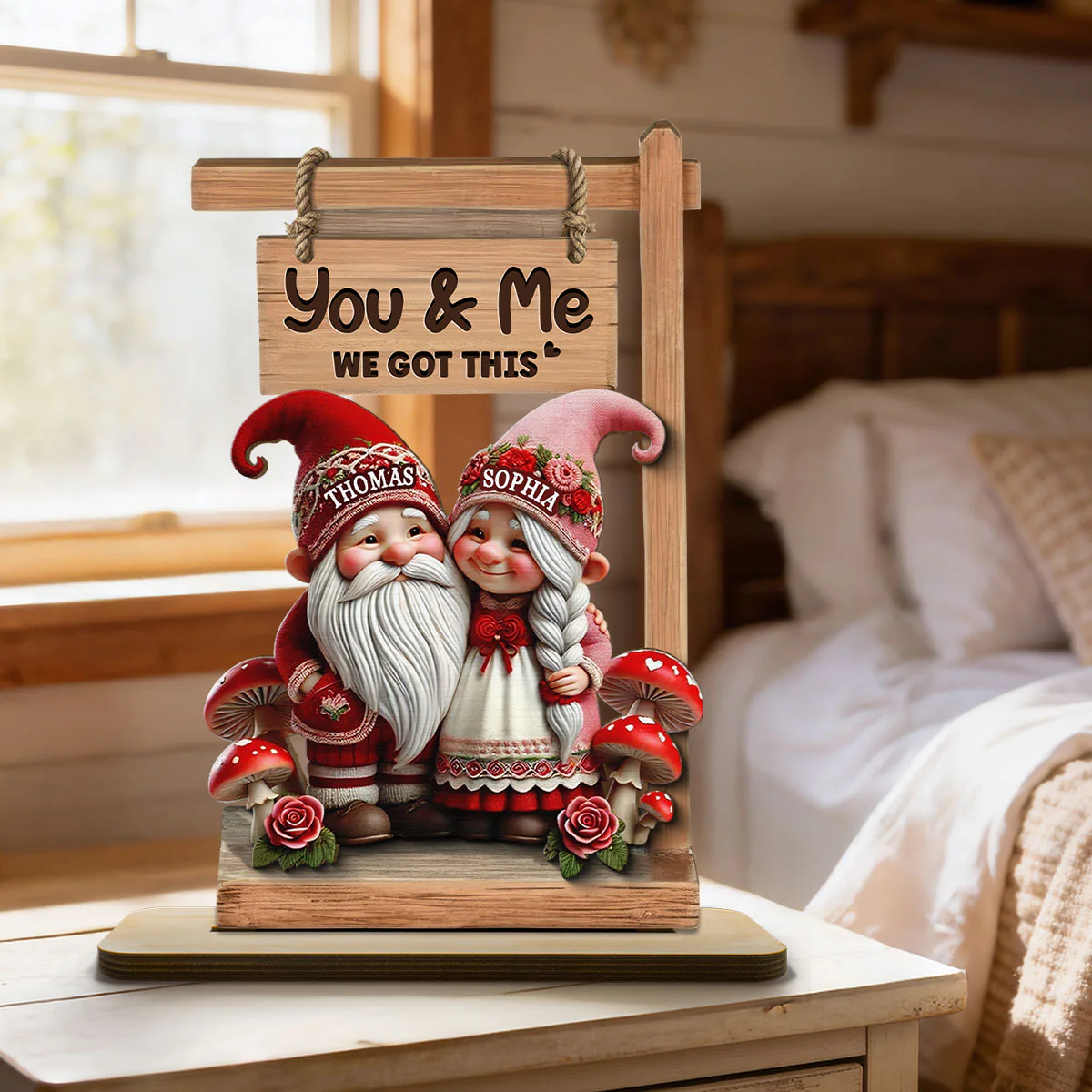 3D Effect Valentine Theme Gnome Couple Standing - Personalized 2-Layer Wooden Plaque - Gift For Him, Gift For Her - Image 2
