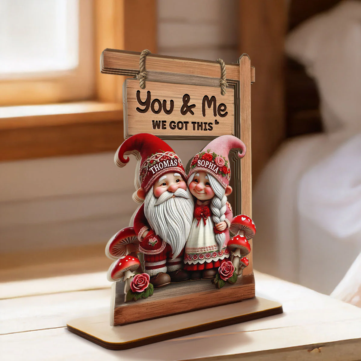 3D Effect Valentine Theme Gnome Couple Standing - Personalized 2-Layer Wooden Plaque - Gift For Him, Gift For Her - Image 3