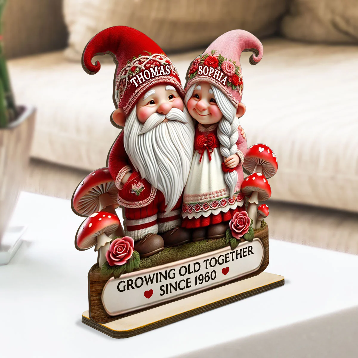 3D Effect Romantic Gnome Couple Personalized Standing Wooden Plaque, Heartfelt Gift For Her, For Wife - Image 3