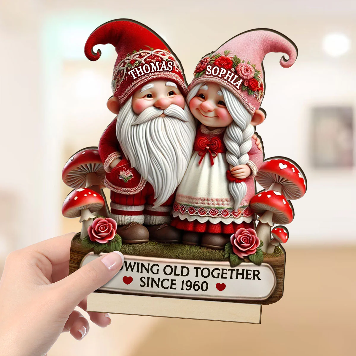 3D Effect Romantic Gnome Couple Personalized Standing Wooden Plaque, Heartfelt Gift For Her, For Wife - Image 4
