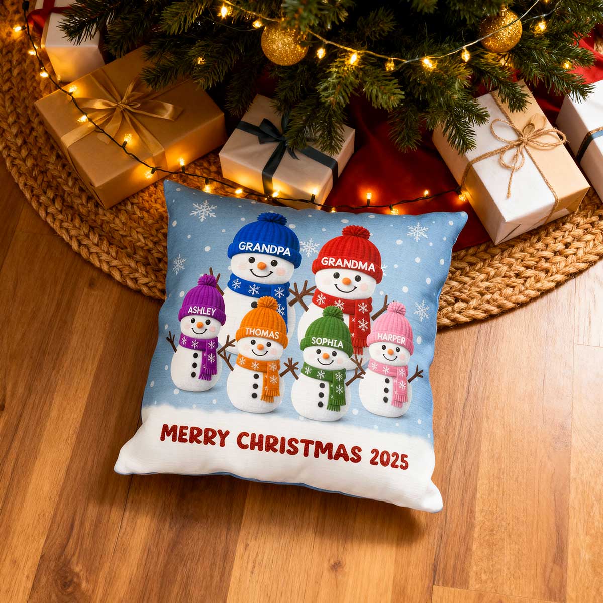 3D Effect Velvet Texture Christmas Grandma Grandkids Snowman Together - Personalized Pillow - Image 2