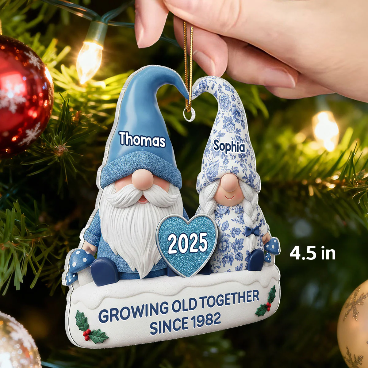 3D Effect Vintage Floral Toile De Jouy Pattern Gnome Couple - Personalized Acrylic Ornament - Image 2