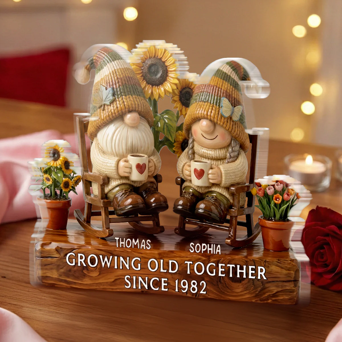 3D Effect Vintage Gnome Couple Grow Old Together - Personalized Acrylic Block Plaque - Gift For Him, Gift For Her - Image 4
