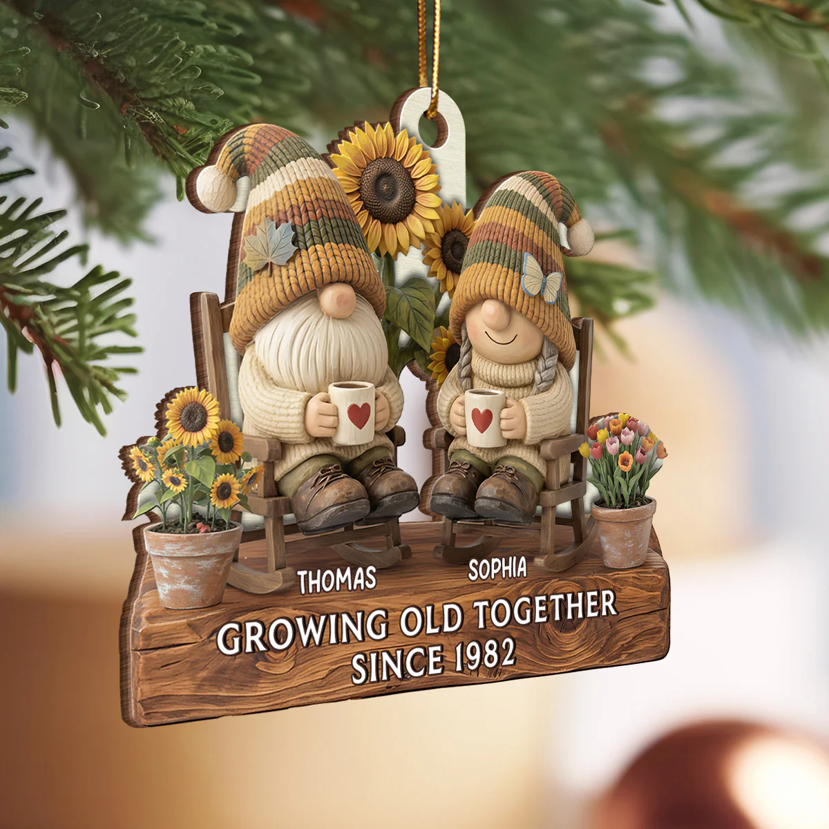 3D Effect Vintage Gnome Couple Grow Old Together - Personalized Wooden Ornament - Image 2