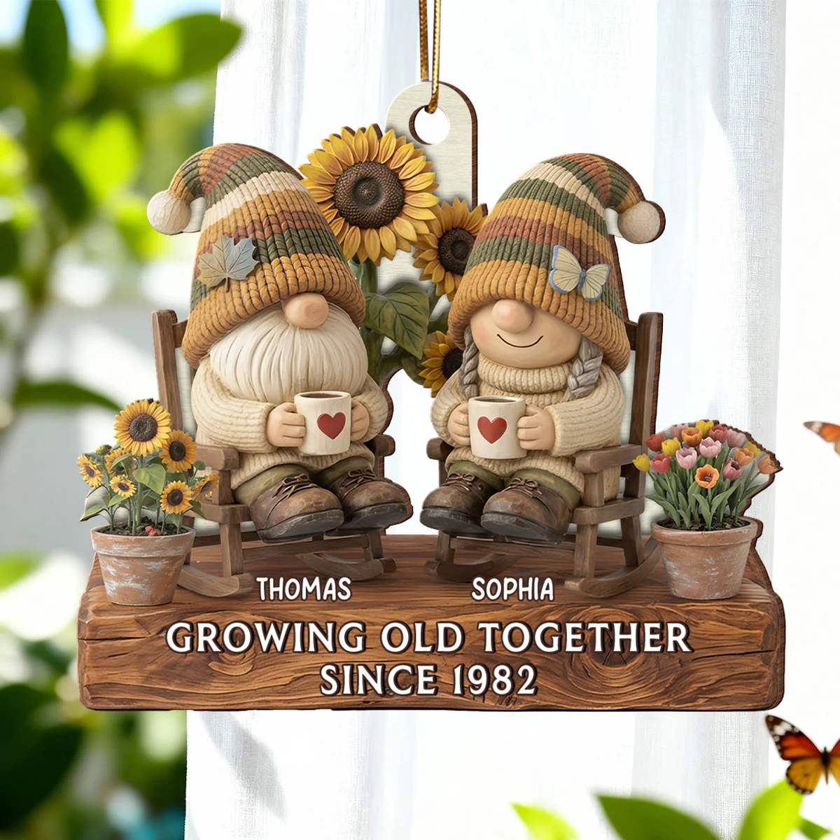 3D Effect Vintage Gnome Couple Grow Old Together - Personalized Wooden Ornament - Image 3