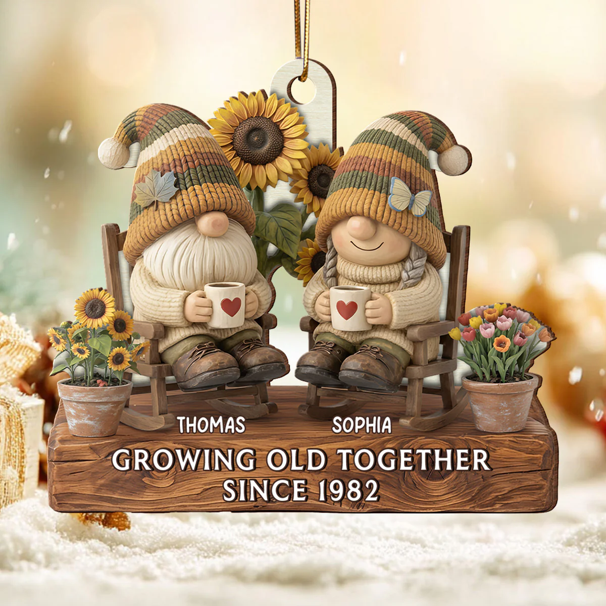 3D Effect Vintage Gnome Couple Grow Old Together - Personalized Wooden Ornament - Image 4