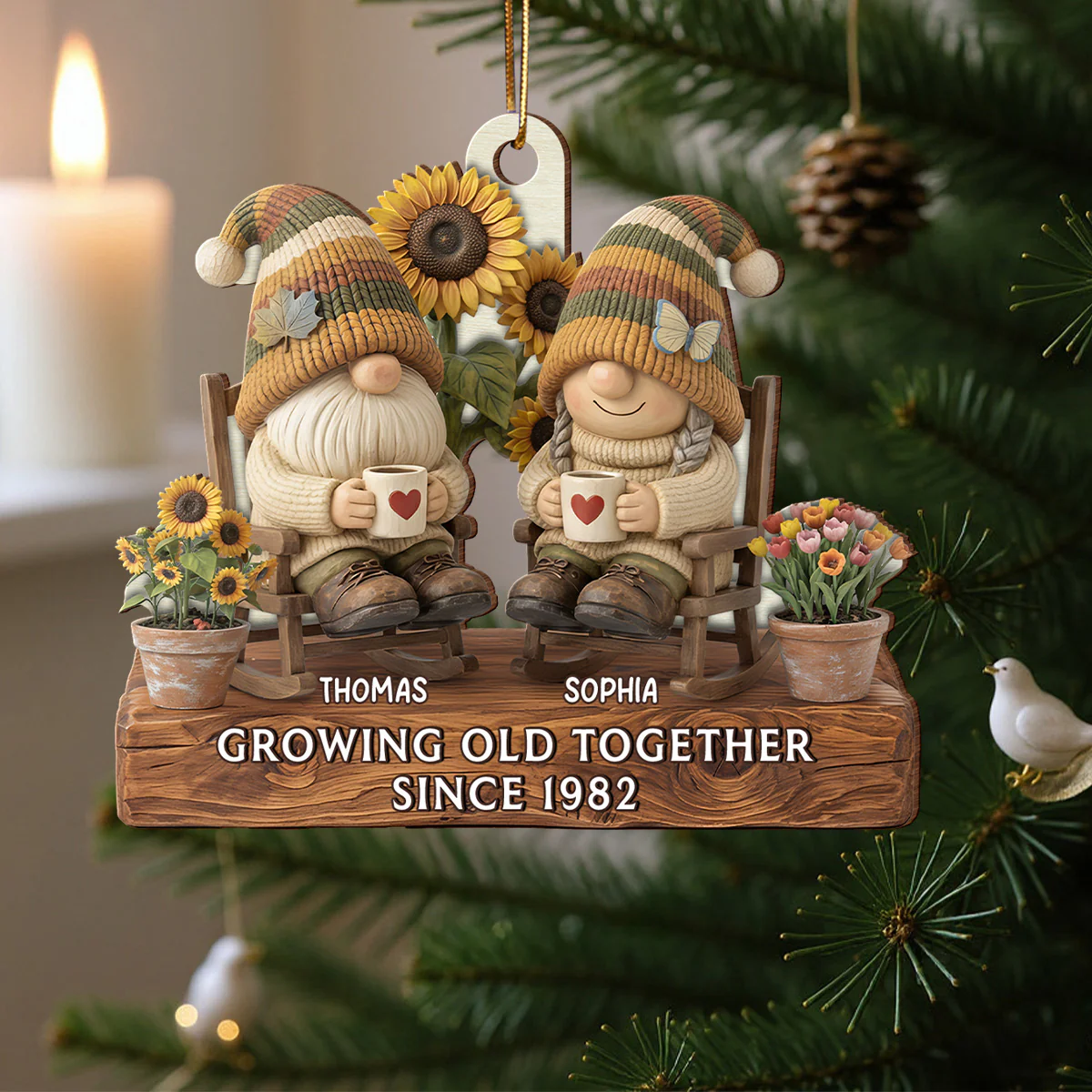 3D Effect Vintage Gnome Couple Grow Old Together - Personalized Wooden Ornament - Image 5