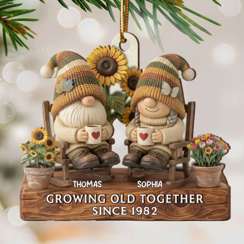 3D Effect Vintage Gnome Couple Grow Old Together - Personalized Wooden Ornament - Image 8