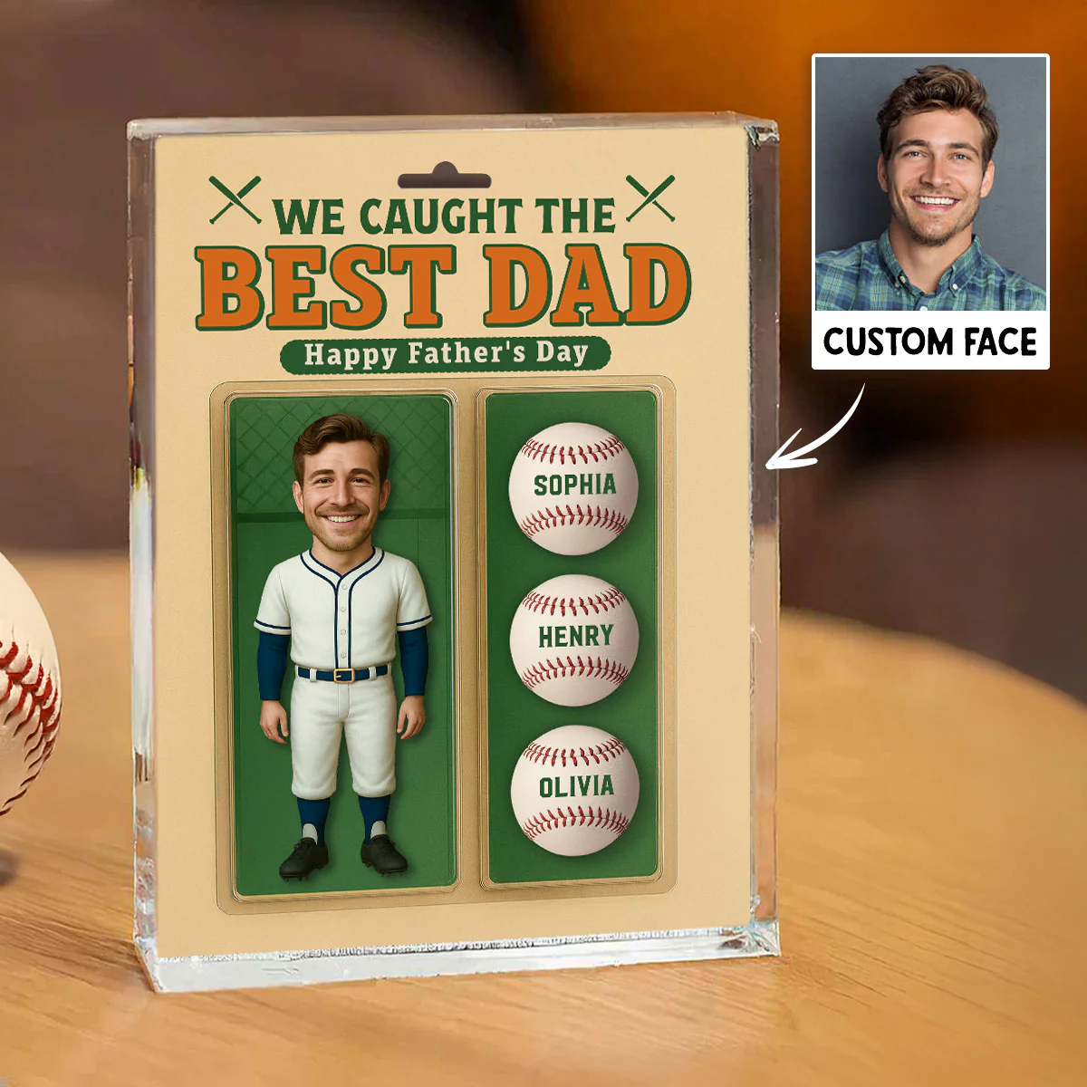 3D Effect We Caught The Best Dad Custom Figure Baseball Personalized Rectangle Flat Acrylic Block Plaque - Image 7