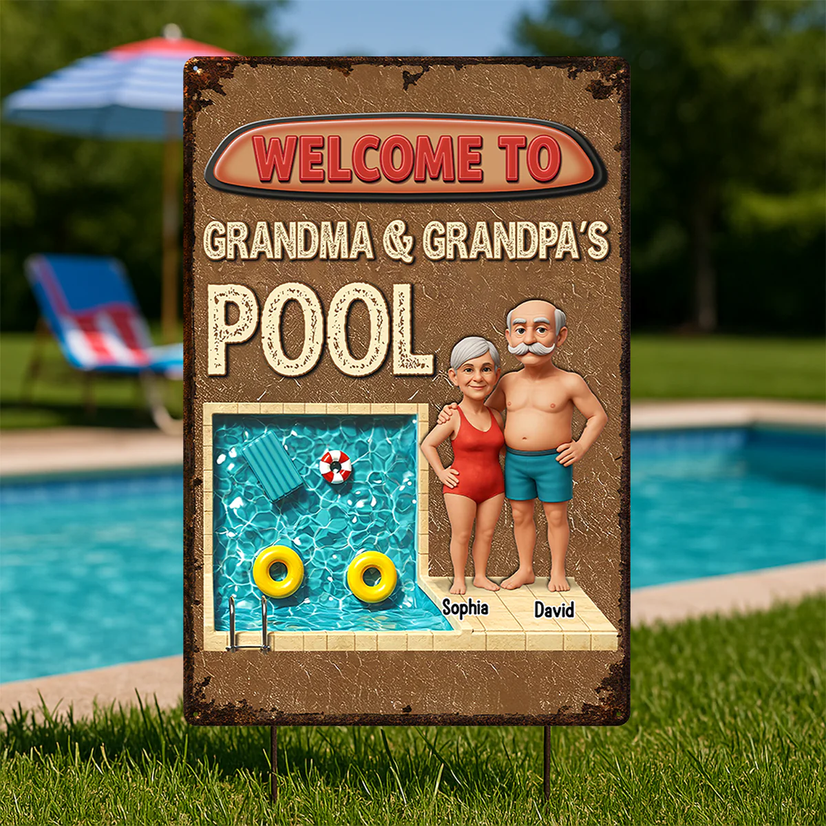 3D Effect Welcome To Grandma Grandpa Pool Personalized Metal Sign - Image 2