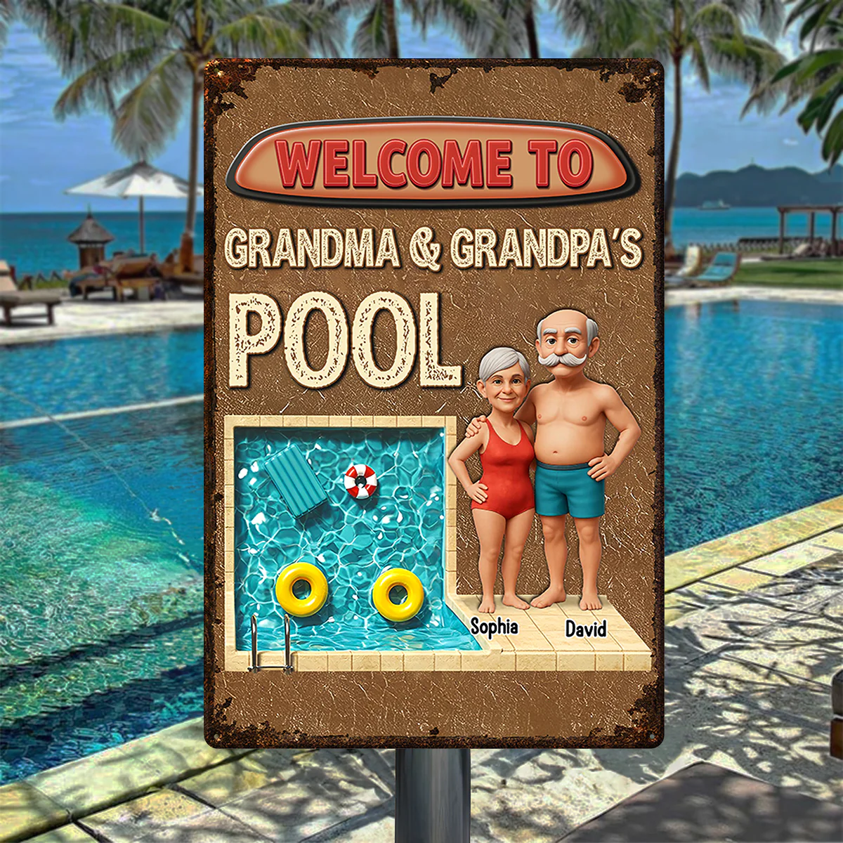 3D Effect Welcome To Grandma Grandpa Pool Personalized Metal Sign - Image 3