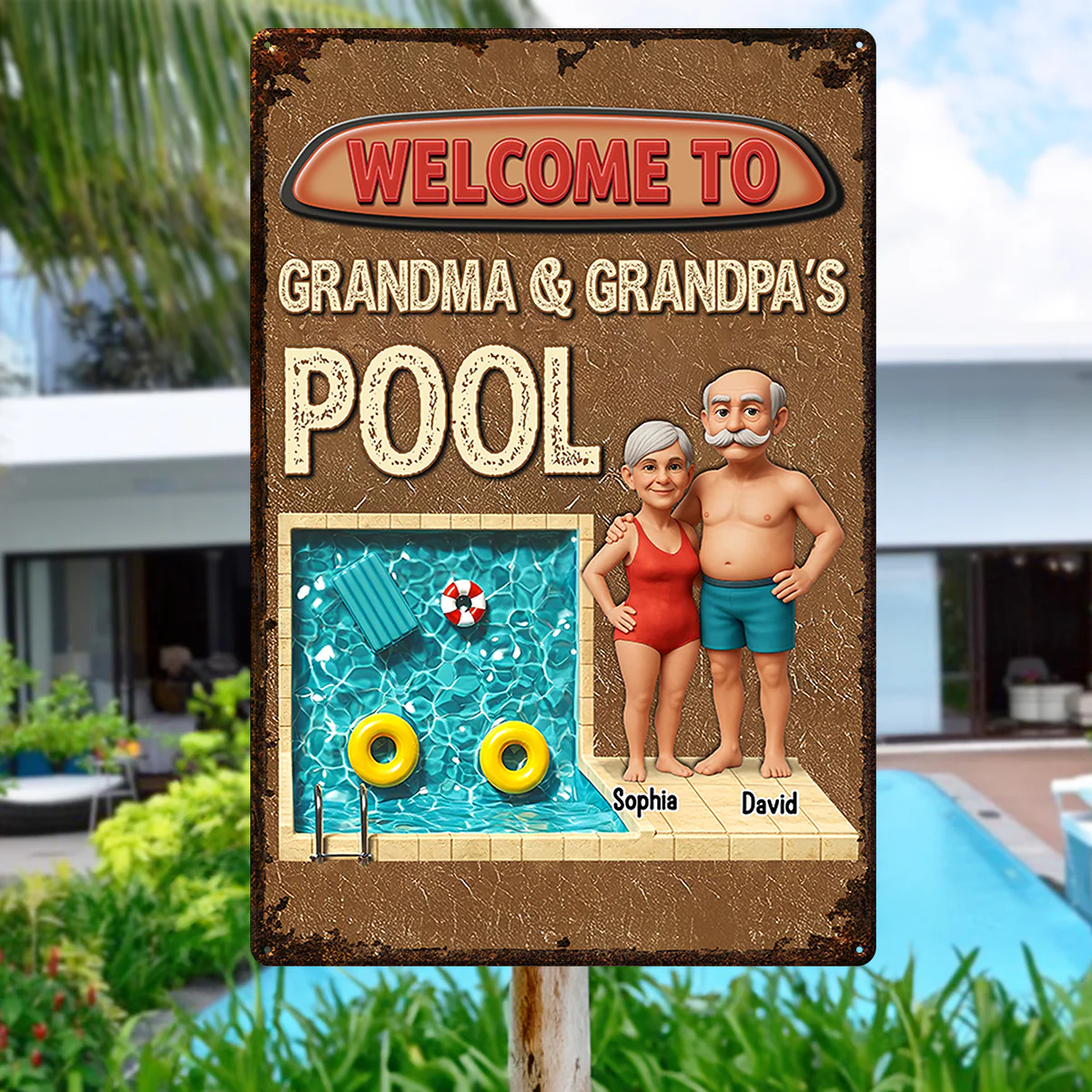 3D Effect Welcome To Grandma Grandpa Pool Personalized Metal Sign - Image 4
