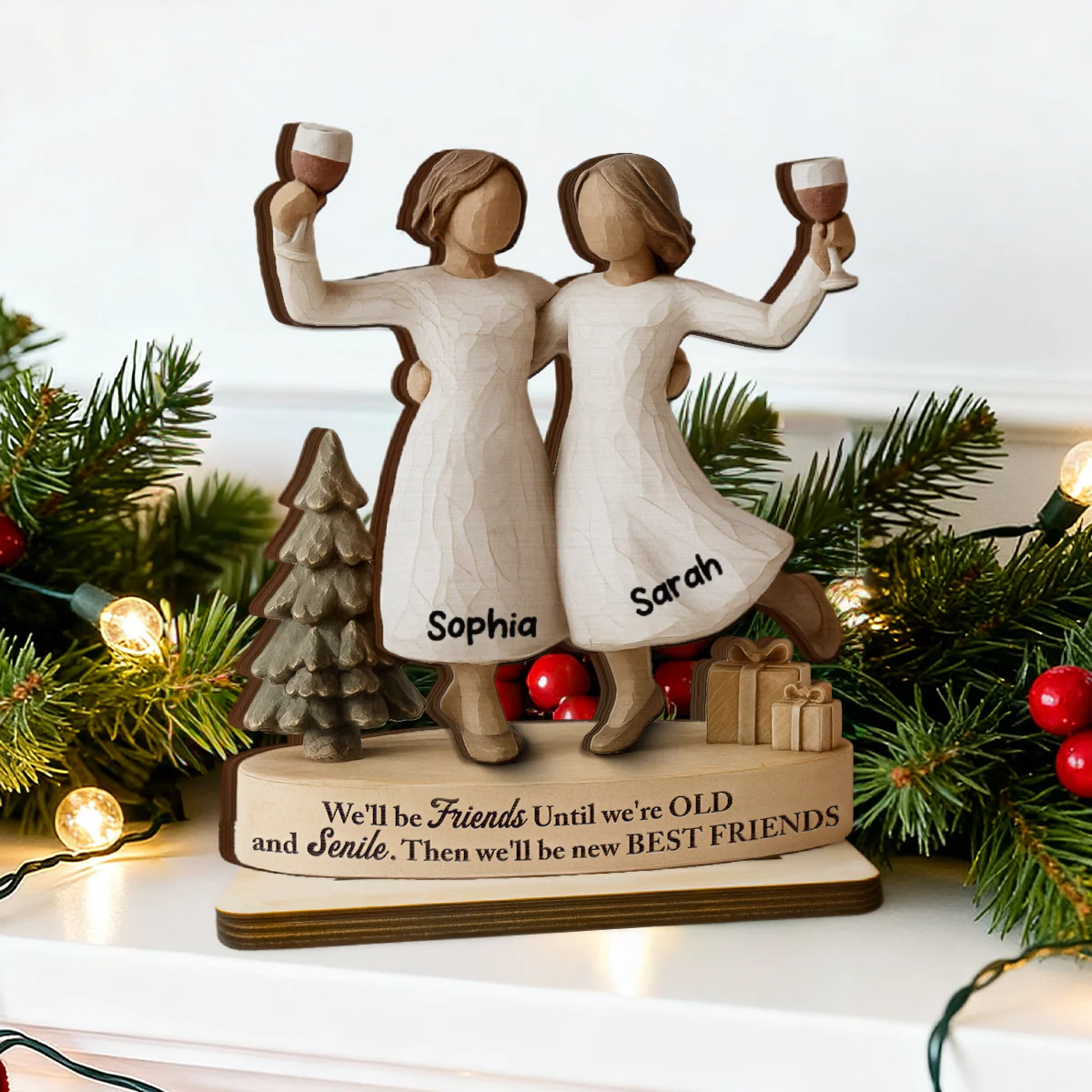 3D Effect We'll Friends Until Old & Senile - Personalized Standing Wooden Plaque - Gift For Besties, Best Friends - Image 2