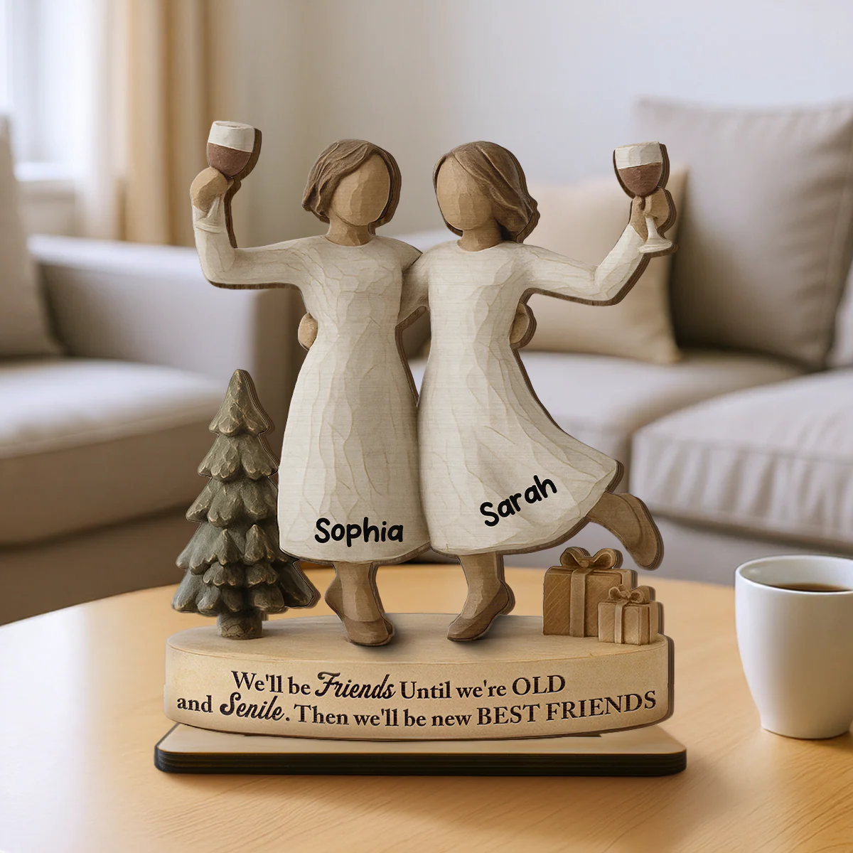 3D Effect We'll Friends Until Old & Senile - Personalized Standing Wooden Plaque - Gift For Besties, Best Friends - Image 3