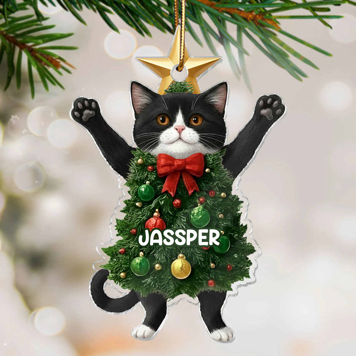 3D Effect Whimsical Christmas Cat - Personalized Acrylic Ornament - Gift For Cat Lover - Image 7