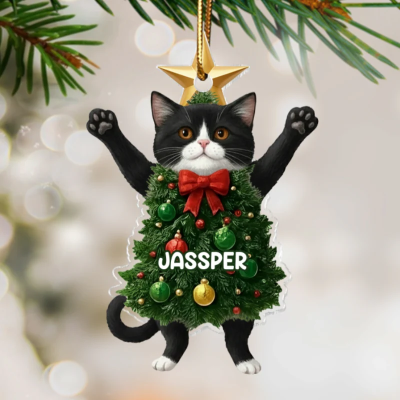3D Effect Whimsical Christmas Cat - Personalized Acrylic Ornament - Gift For Cat Lover - Image 8