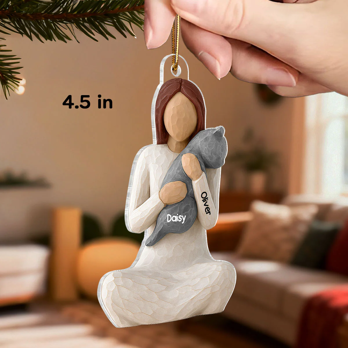 3D Effect Woman Hugging Cat - Personalized Acrylic Ornament - Christmas Gift For Cat Lovers, Cat Mom - Image 2