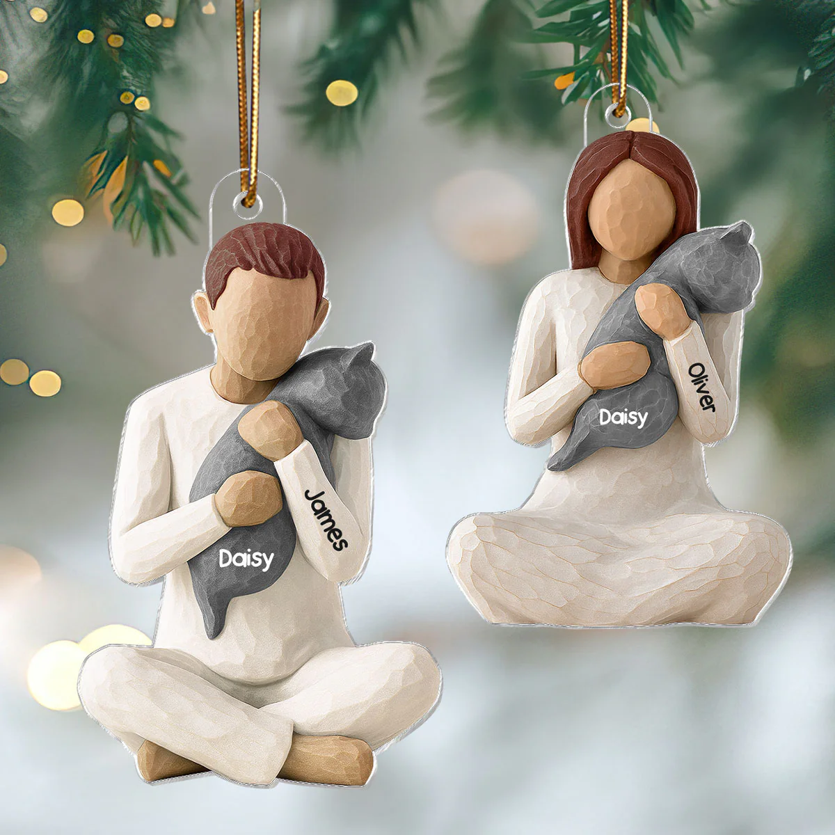 3D Effect Woman Hugging Cat - Personalized Acrylic Ornament - Christmas Gift For Cat Lovers, Cat Mom - Image 3