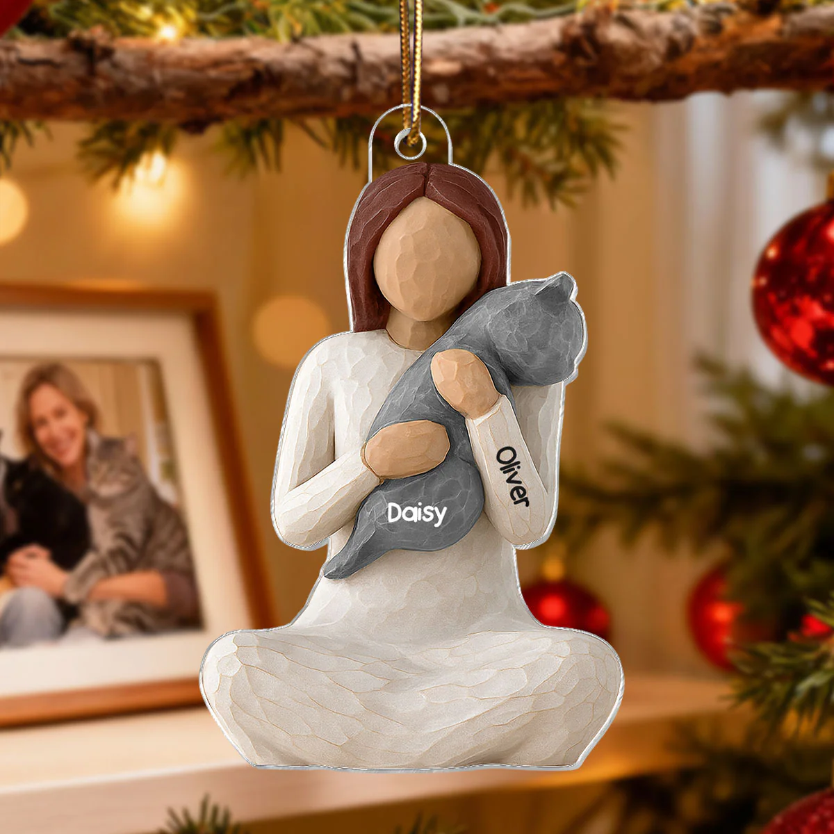 3D Effect Woman Hugging Cat - Personalized Acrylic Ornament - Christmas Gift For Cat Lovers, Cat Mom - Image 5