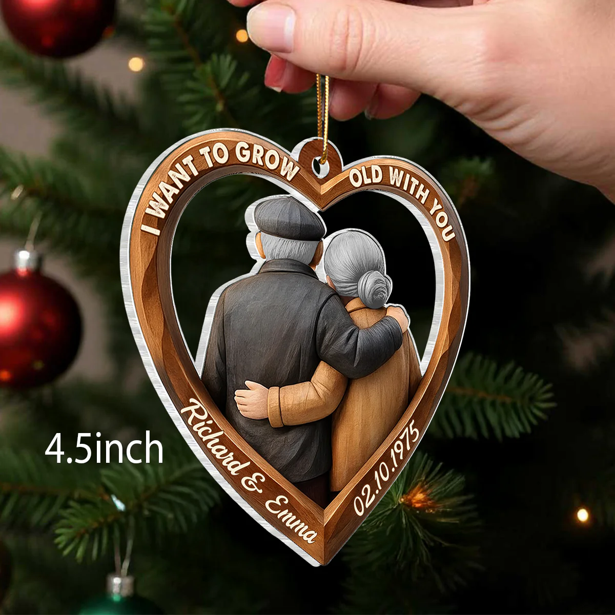 3D Effect Wooden Couple Growing Old Together - Personalized Acrylic Ornament - Christmas Gift for Couples - Image 2