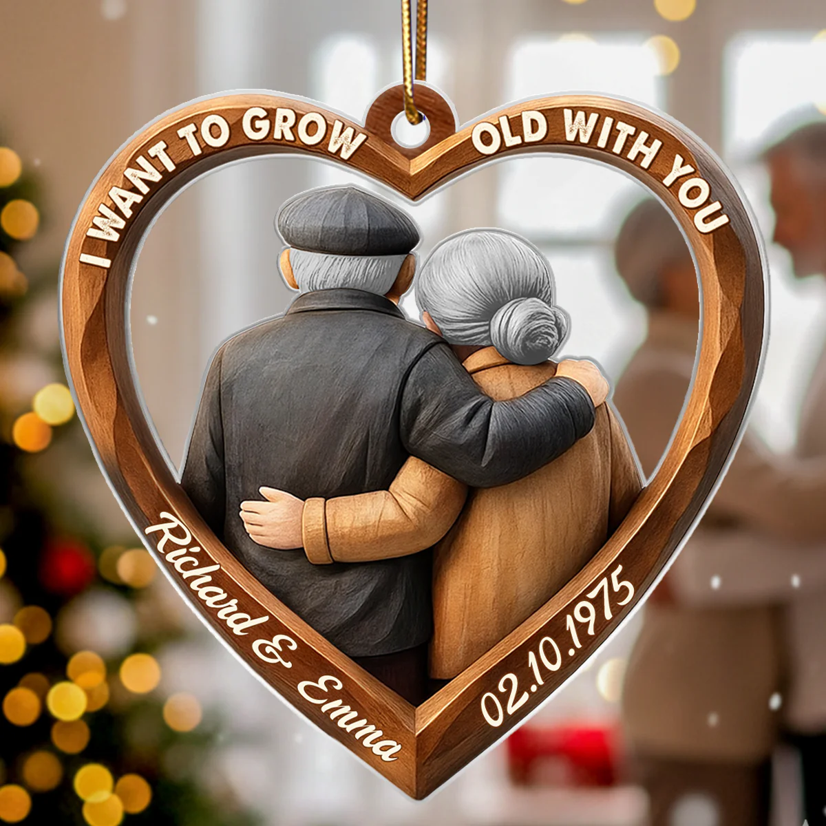 3D Effect Wooden Couple Growing Old Together - Personalized Acrylic Ornament - Christmas Gift for Couples - Image 5