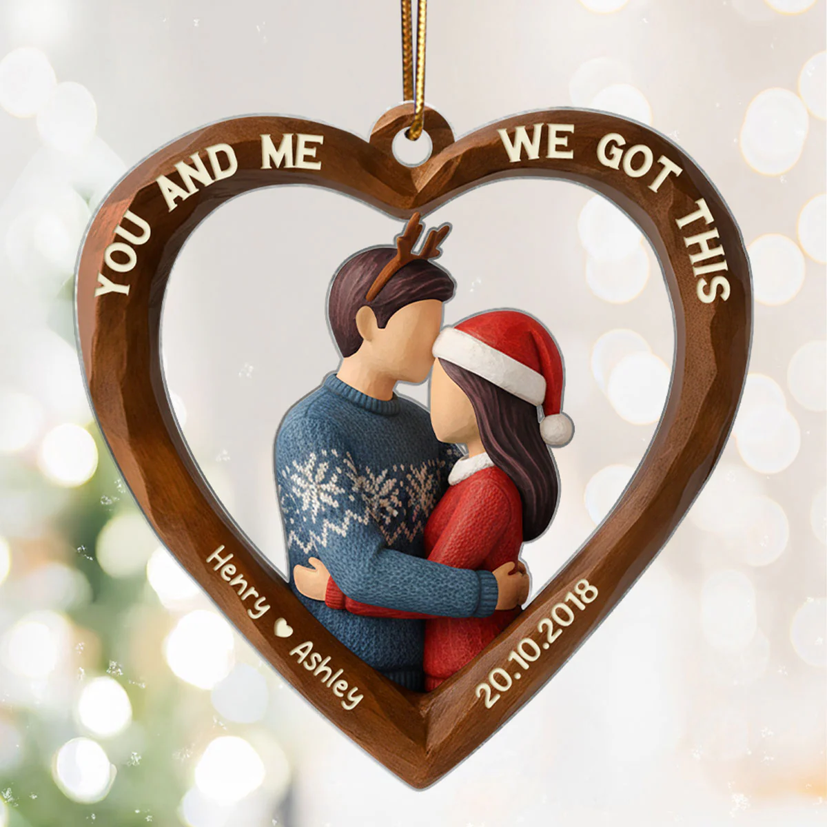 3D Effect Wooden Couple You & Me We Got This - Personalized Acrylic Ornament - Christmas Gift for Couples - Image 3