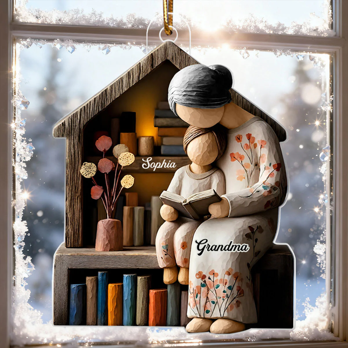 3D Effect Wooden Grandma Grandkid Reading Book - Personalized Acrylic Ornament - Heartwarming Christmas Gift For Grandma, For Family - Image 3