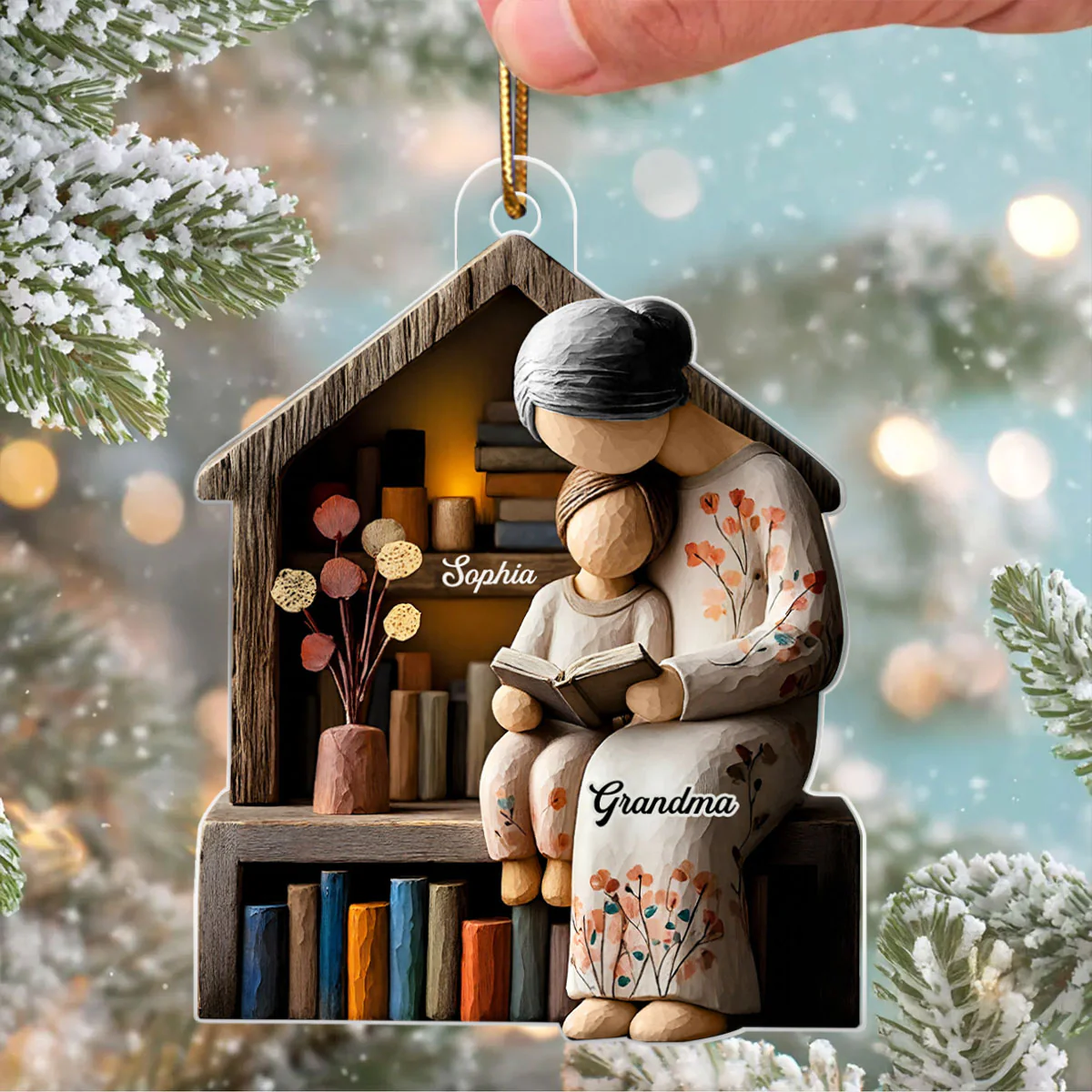 3D Effect Wooden Grandma Grandkid Reading Book - Personalized Acrylic Ornament - Heartwarming Christmas Gift For Grandma, For Family - Image 4