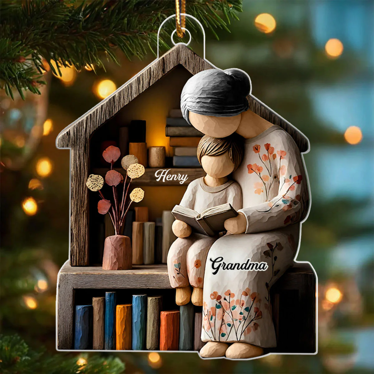 3D Effect Wooden Grandma Grandkid Reading Book - Personalized Acrylic Ornament - Heartwarming Christmas Gift For Grandma, For Family - Image 6
