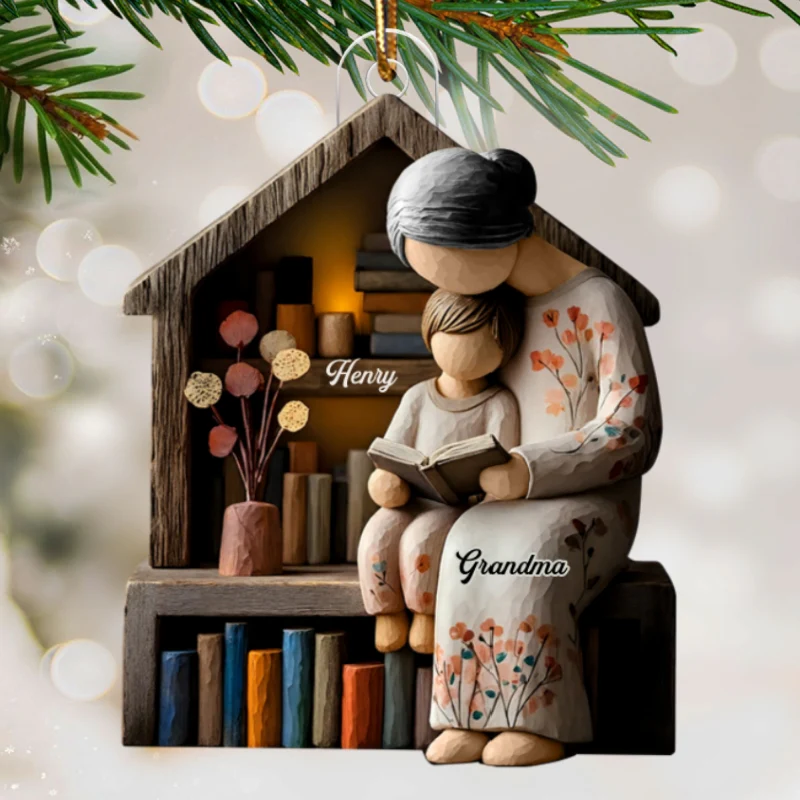 3D Effect Wooden Grandma Grandkid Reading Book - Personalized Acrylic Ornament - Heartwarming Christmas Gift For Grandma, For Family - Image 9