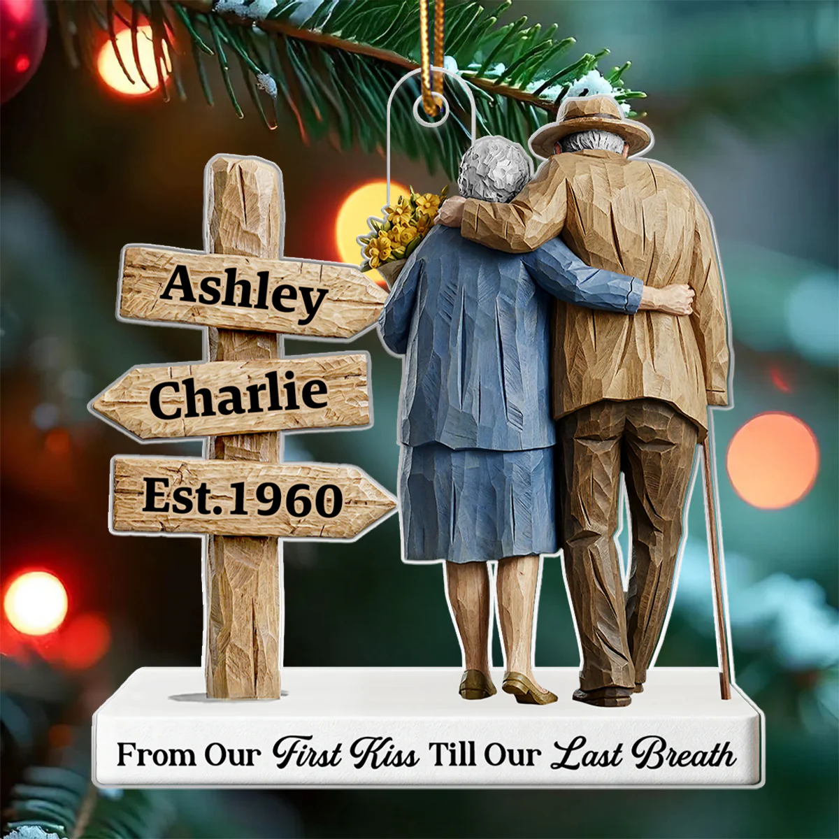 3D Effect Wooden Old Couple Sign Post - Personalized Acrylic Ornament - Heartwarming Christmas Gift For Him, For Her, For Couple - Image 3