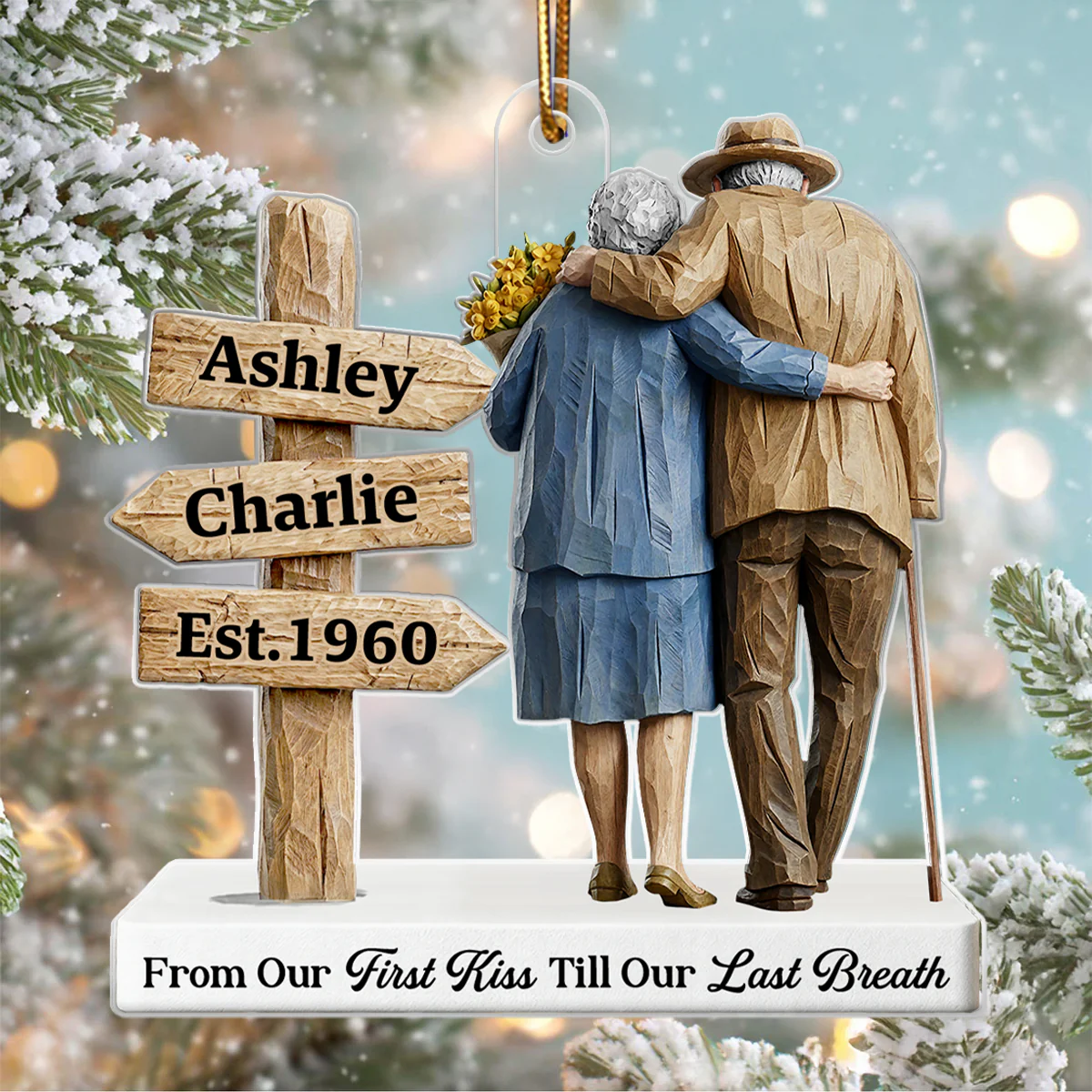 3D Effect Wooden Old Couple Sign Post - Personalized Acrylic Ornament - Heartwarming Christmas Gift For Him, For Her, For Couple - Image 4