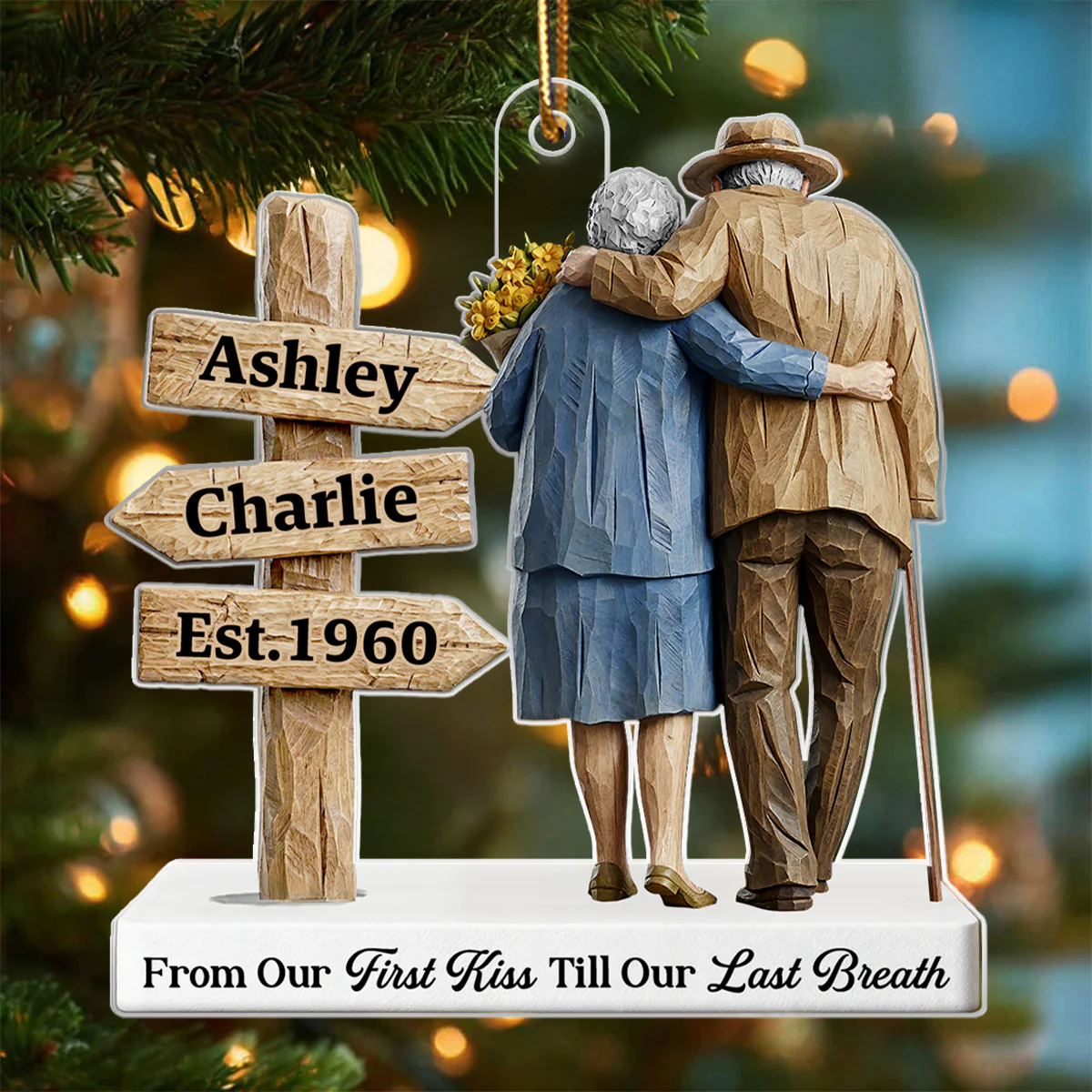 3D Effect Wooden Old Couple Sign Post - Personalized Acrylic Ornament - Heartwarming Christmas Gift For Him, For Her, For Couple - Image 5