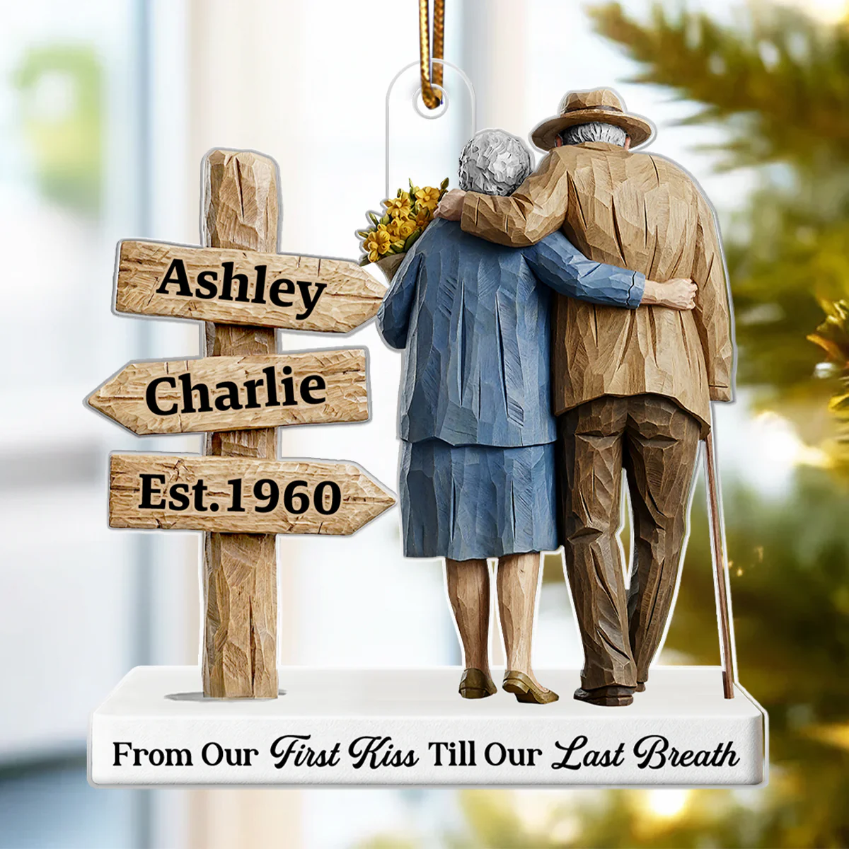 3D Effect Wooden Old Couple Sign Post - Personalized Acrylic Ornament - Heartwarming Christmas Gift For Him, For Her, For Couple - Image 6