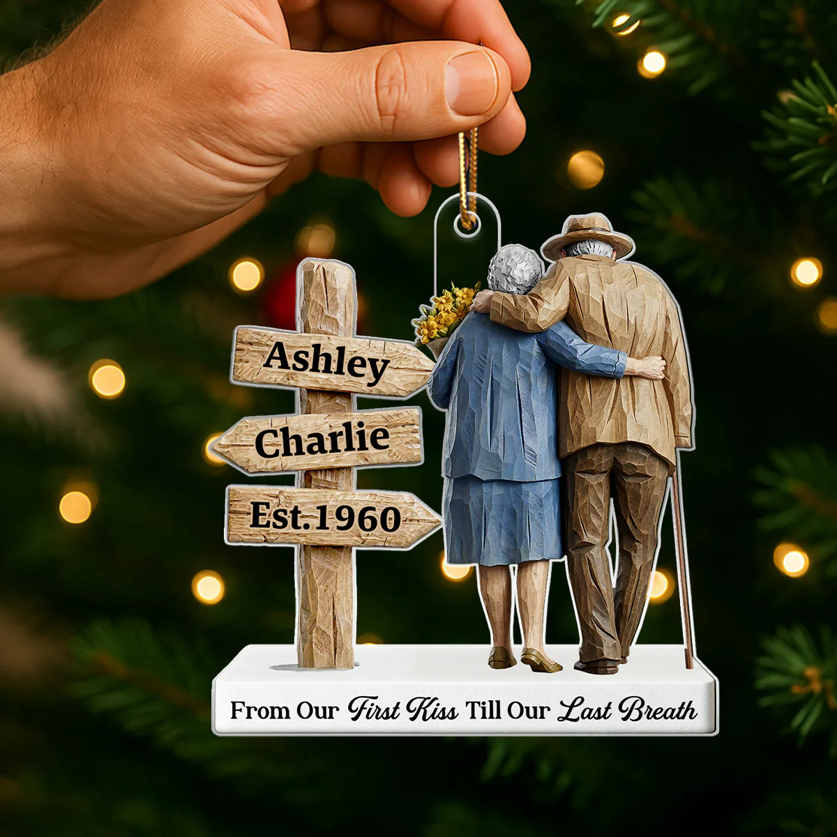 3D Effect Wooden Old Couple Sign Post - Personalized Acrylic Ornament - Heartwarming Christmas Gift For Him, For Her, For Couple - Image 7