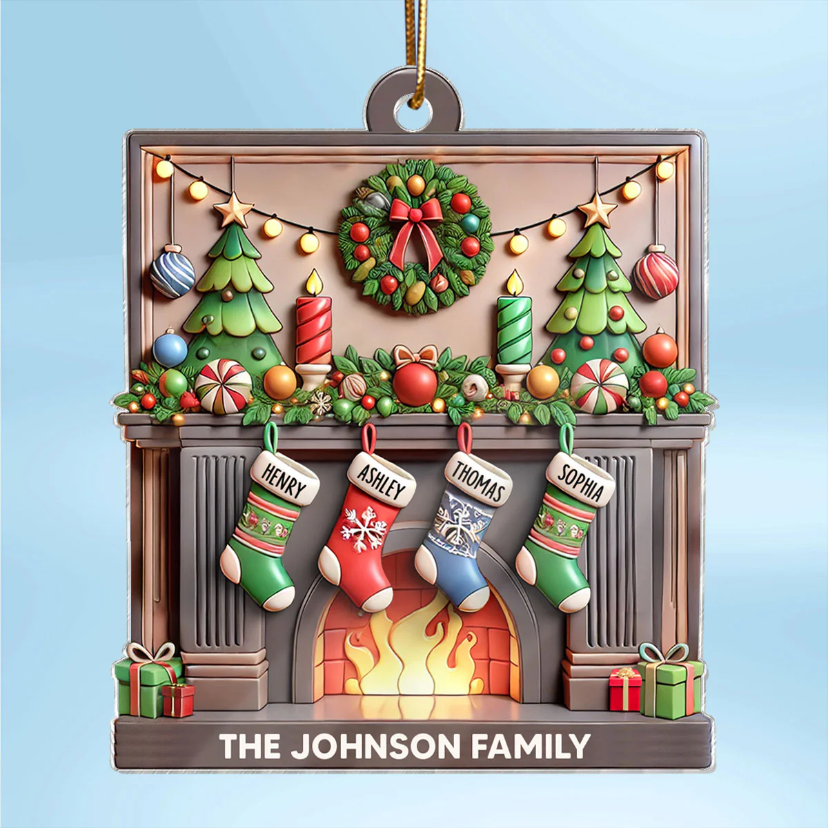 3D Family Christmas Stockings On Festive Mantel Personalized Acrylic Ornament - Image 2