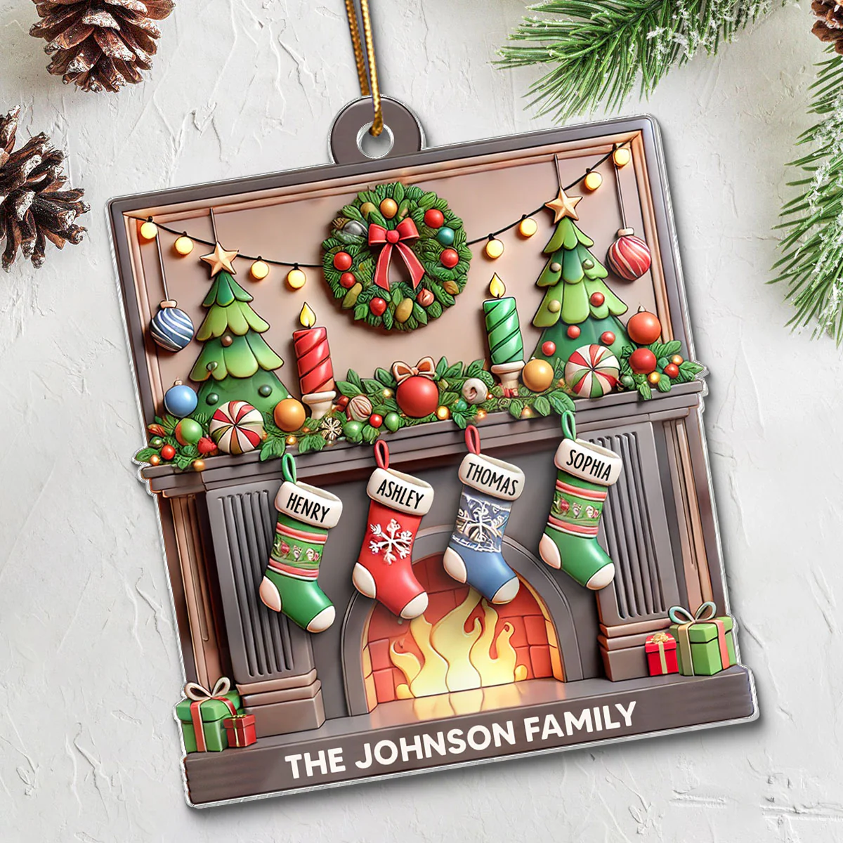 3D Family Christmas Stockings On Festive Mantel Personalized Acrylic Ornament - Image 6