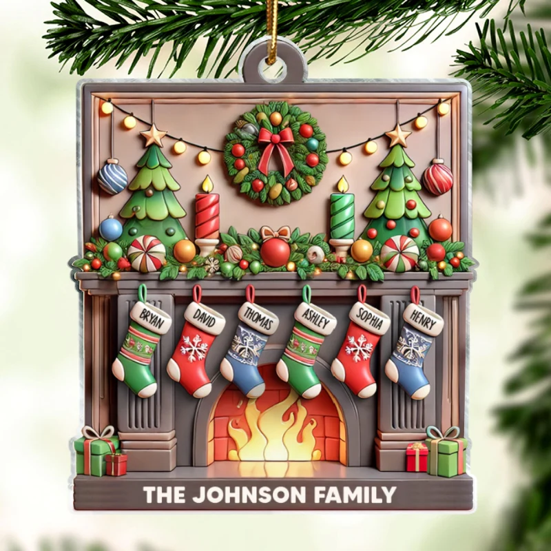 3D Family Christmas Stockings On Festive Mantel Personalized Acrylic Ornament - Image 7