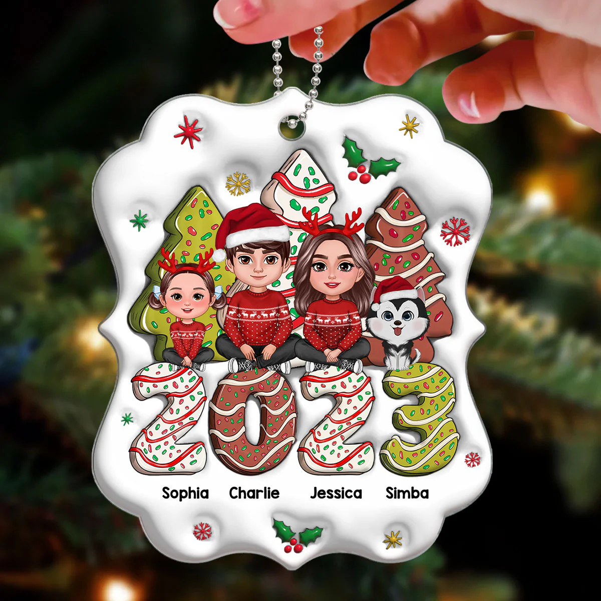 3D Family Crossed Legs Sitting Christmas Tree Cake Patterned Personalized Acrylic Ornament - Image 3