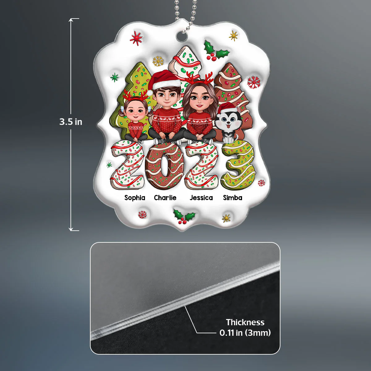3D Family Crossed Legs Sitting Christmas Tree Cake Patterned Personalized Acrylic Ornament - Image 4
