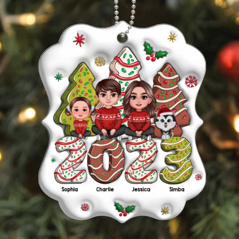 3D Family Crossed Legs Sitting Christmas Tree Cake Patterned Personalized Acrylic Ornament - Image 5