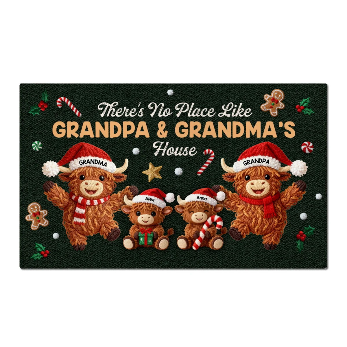 3D Faux Crochet Effect Christmas Grandma Grandkids Highland Cow Together - Personalized Doormat - Image 10