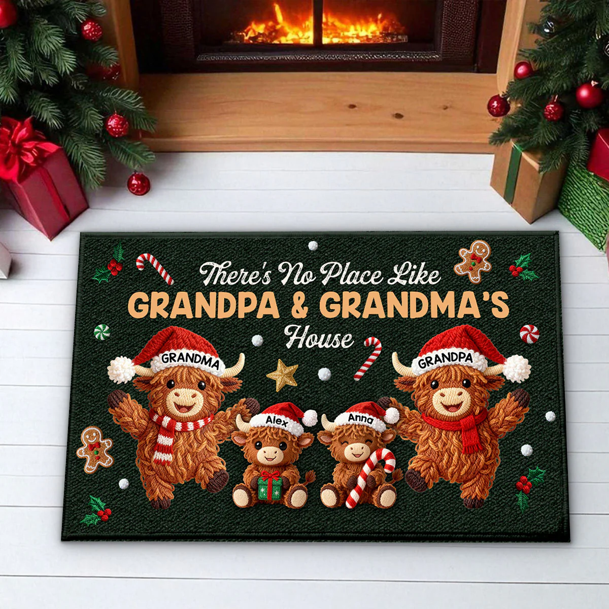 3D Faux Crochet Effect Christmas Grandma Grandkids Highland Cow Together - Personalized Doormat - Image 3