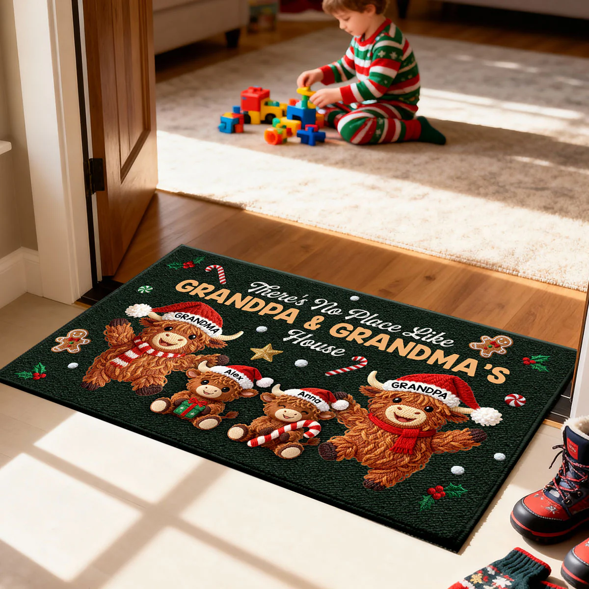 3D Faux Crochet Effect Christmas Grandma Grandkids Highland Cow Together - Personalized Doormat - Image 7