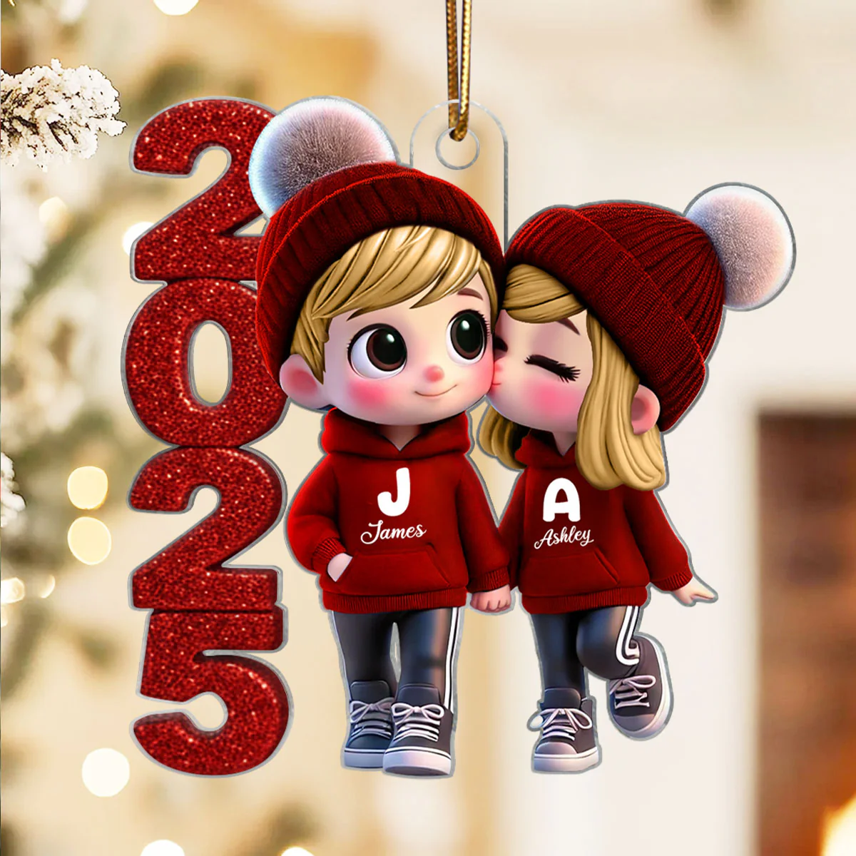 3D Glitter Effect 2025 Cute Cartoon Couple Walking - Personalized Acrylic Ornament - Gift for Him, Gift for Her - Image 5