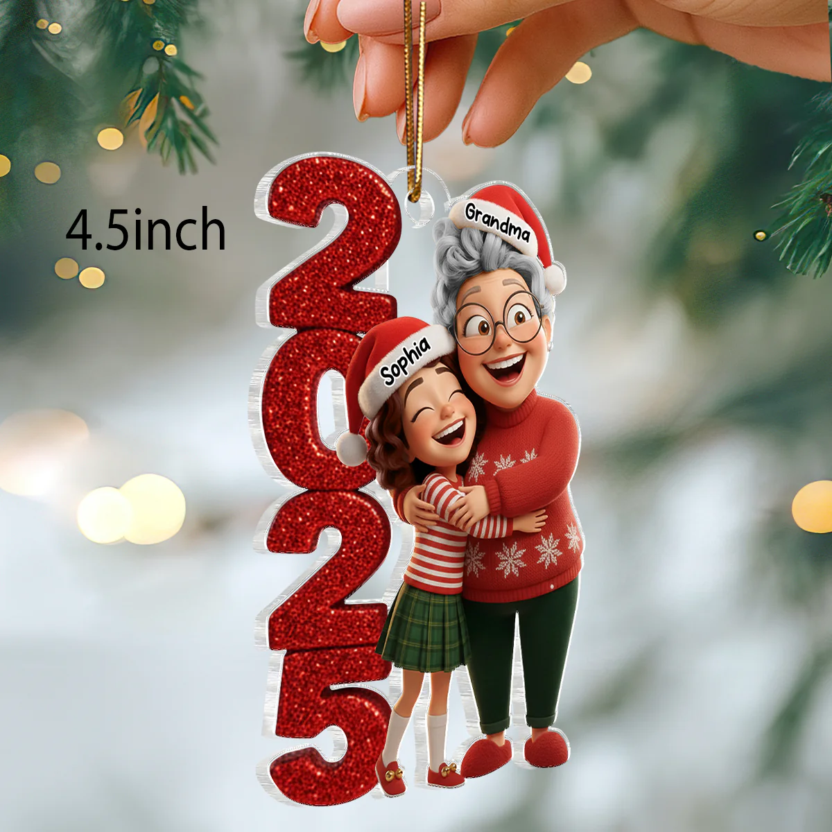 3D Glitter Effect Happy Grandma Hugging Grandkid 2025 - Personalized Acrylic Ornament - Christmas Gift for Grandma, Grandkid - Image 2