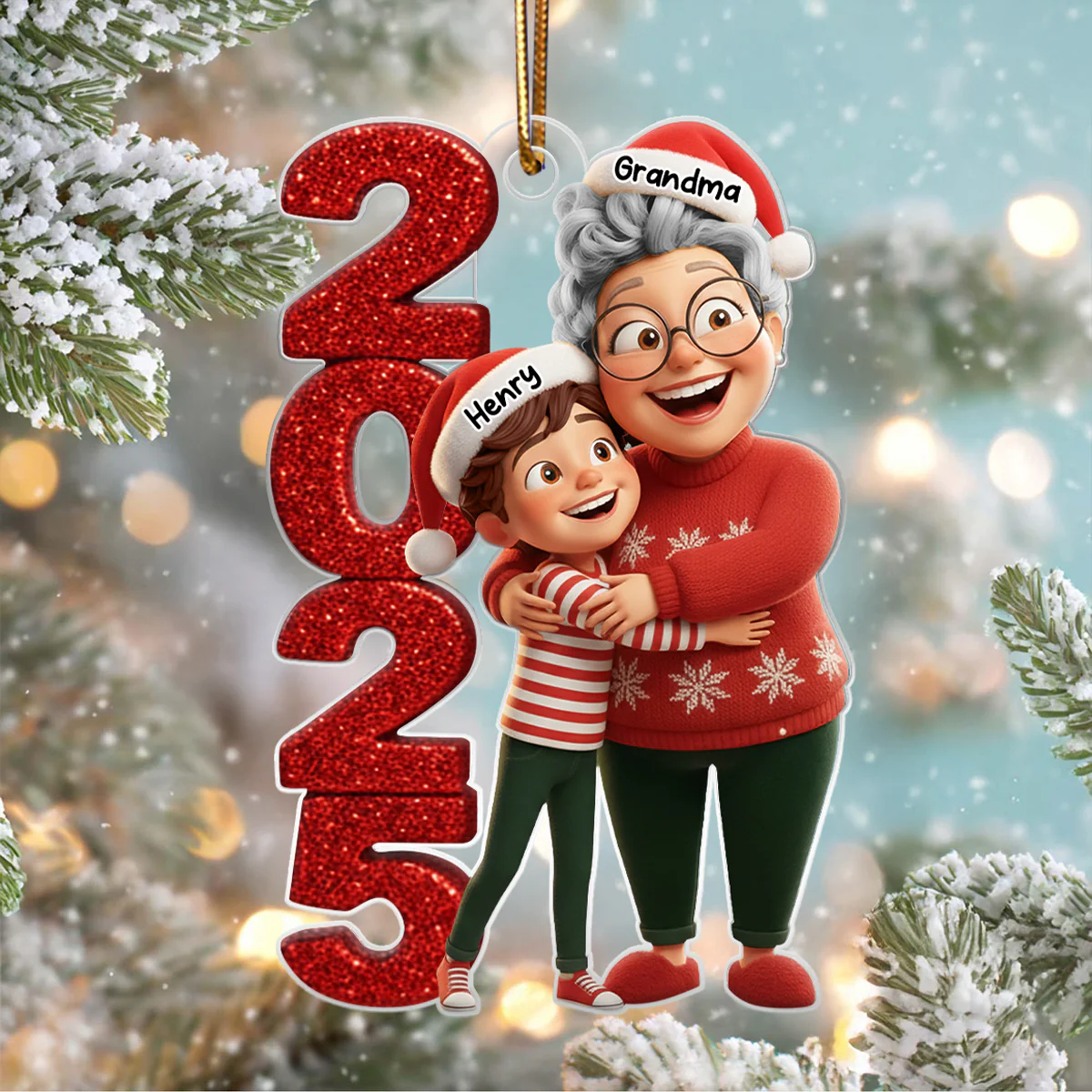 3D Glitter Effect Happy Grandma Hugging Grandkid 2025 - Personalized Acrylic Ornament - Christmas Gift for Grandma, Grandkid - Image 3